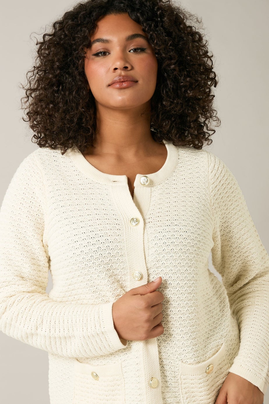 Evans Curve Cream Button Through Knitted Cardigan