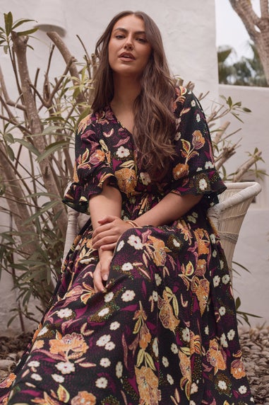 Evans Curve Purple Floral Print Crinkle Boho Dress