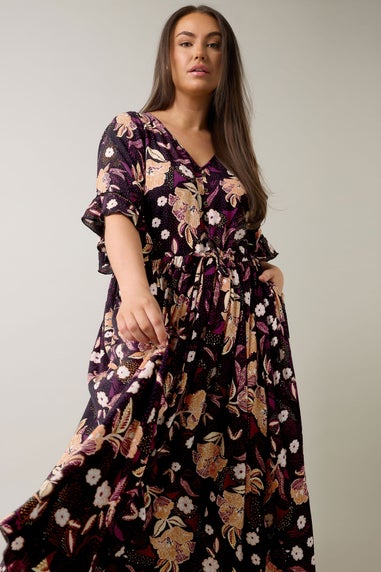 Evans Curve Purple Floral Print Crinkle Boho Dress