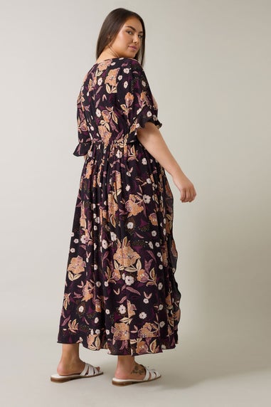 Evans Curve Purple Floral Print Crinkle Boho Dress