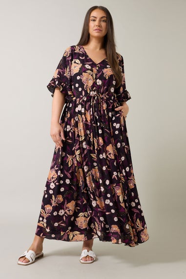 Evans Curve Purple Floral Print Crinkle Boho Dress
