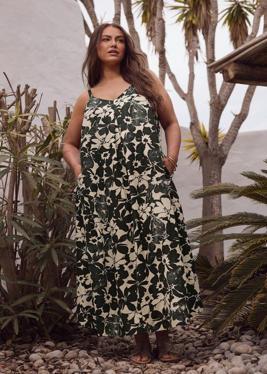 Evans Curve Black Floral Print Pleat Front Linen Dress