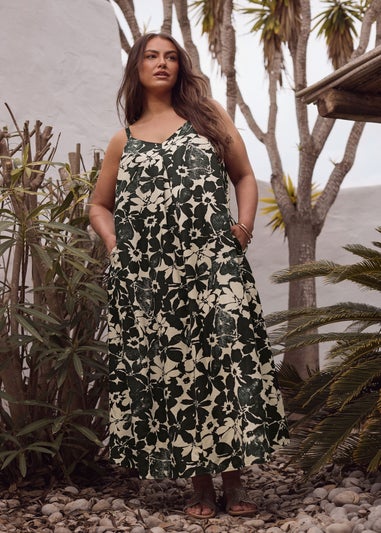 Evans Curve Black Floral Print Pleat Front Linen Dress