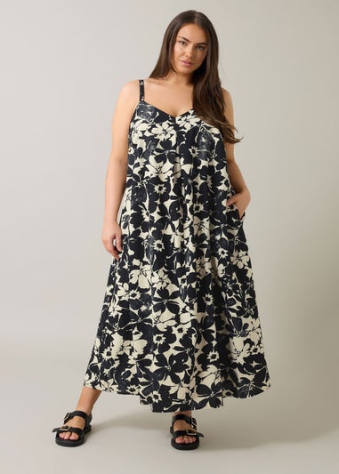 Evans Curve Black Floral Print Pleat Front Linen Dress