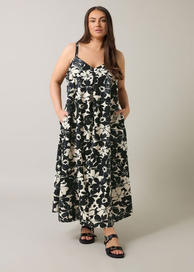 Evans Curve Black Floral Print Pleat Front Linen Dress