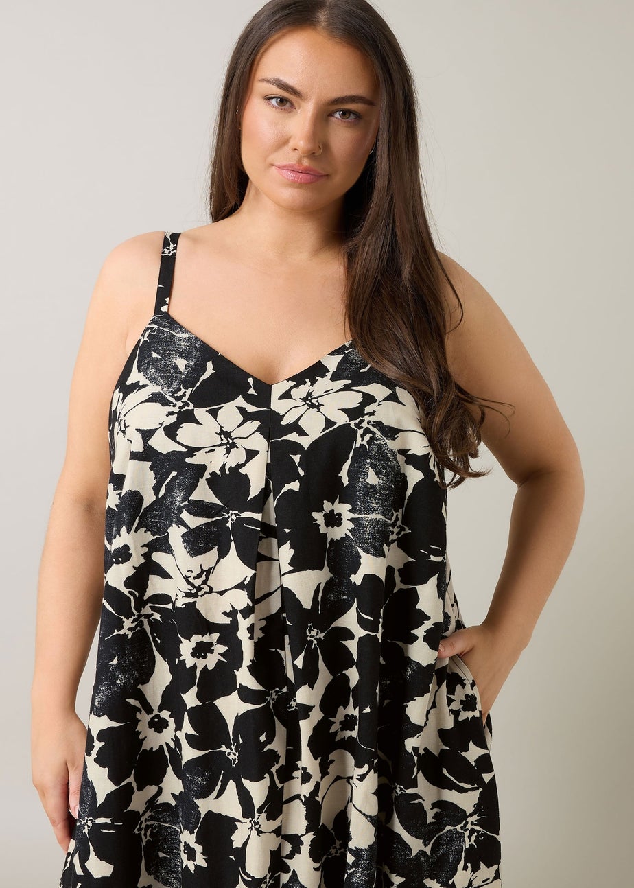 Evans Curve Black Floral Print Pleat Front Linen Dress