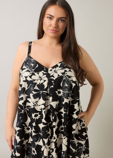 Evans Curve Black Floral Print Pleat Front Linen Dress