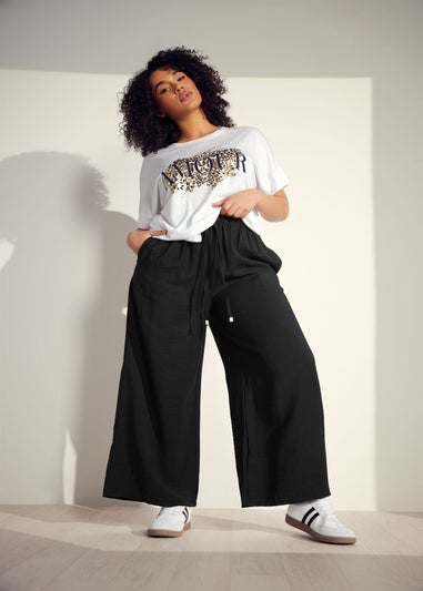 Evans Curve Black Elasticated Waist Wide Leg Trousers