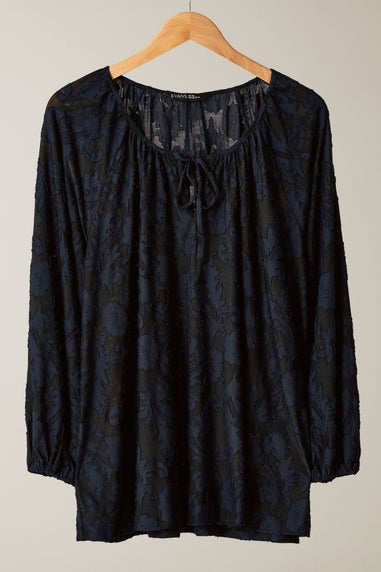 Evans Curve Navy Blue Floral Burnout Blouse