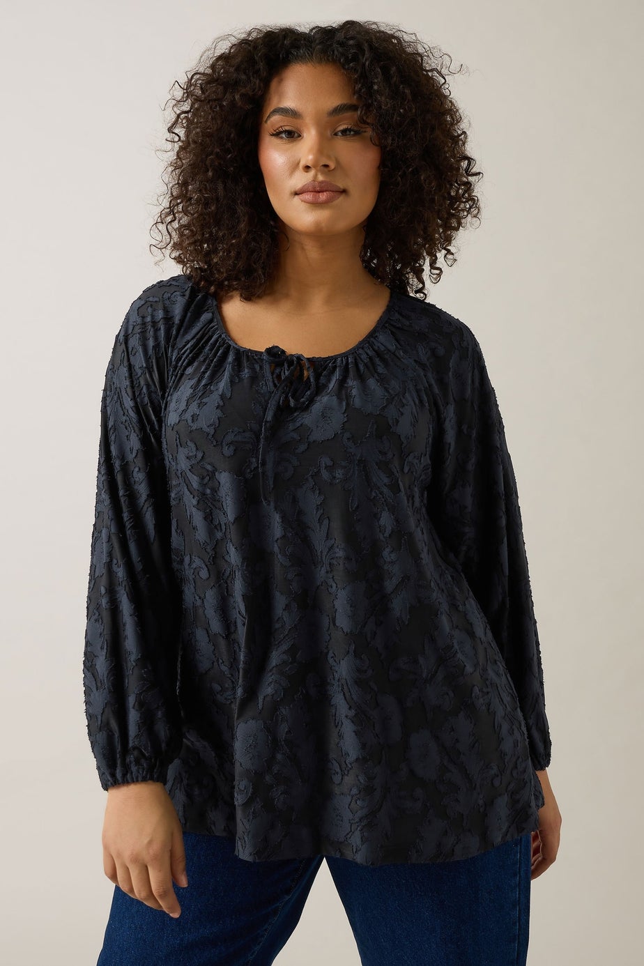 Evans Curve Navy Blue Floral Burnout Blouse