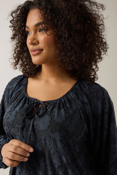 Evans Curve Navy Blue Floral Burnout Blouse