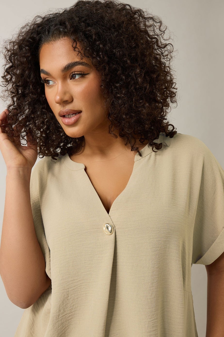 EVANS Curve Natural Brown Button Front Short Sleeve Blouse
