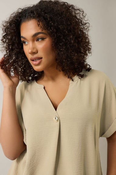 EVANS Curve Natural Brown Button Front Short Sleeve Blouse
