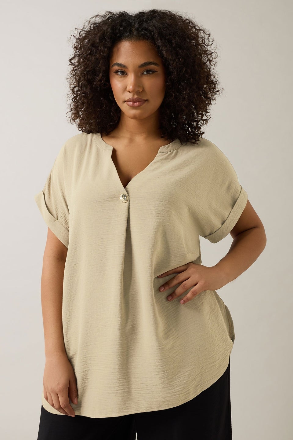 EVANS Curve Natural Brown Button Front Short Sleeve Blouse