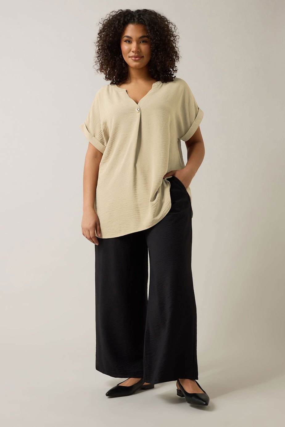 EVANS Curve Natural Brown Button Front Short Sleeve Blouse