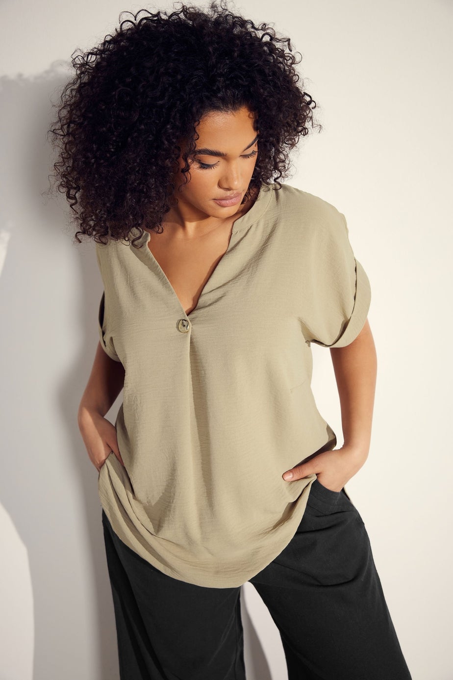 EVANS Curve Natural Brown Button Front Short Sleeve Blouse