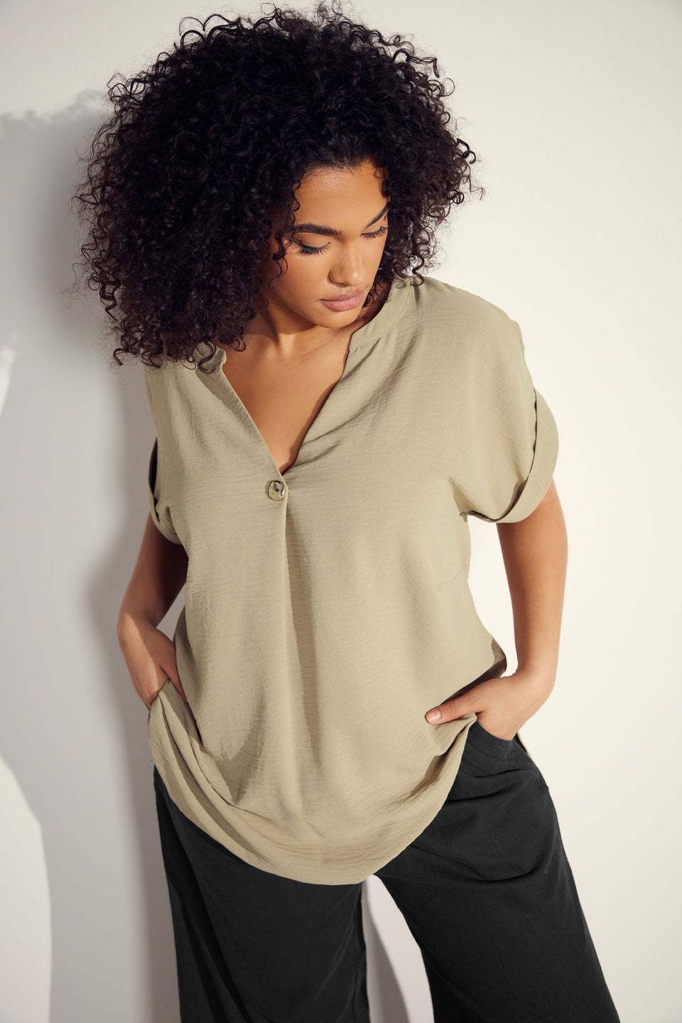 EVANS Curve Natural Brown Button Front Short Sleeve Blouse