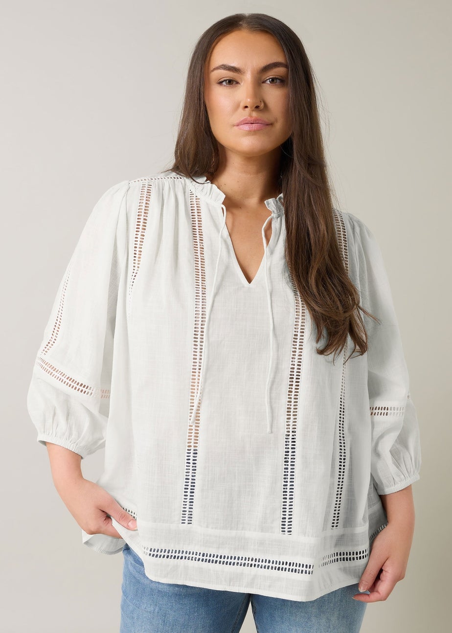 EVANS Curve White Crochet Trim Tie Neck Blouse
