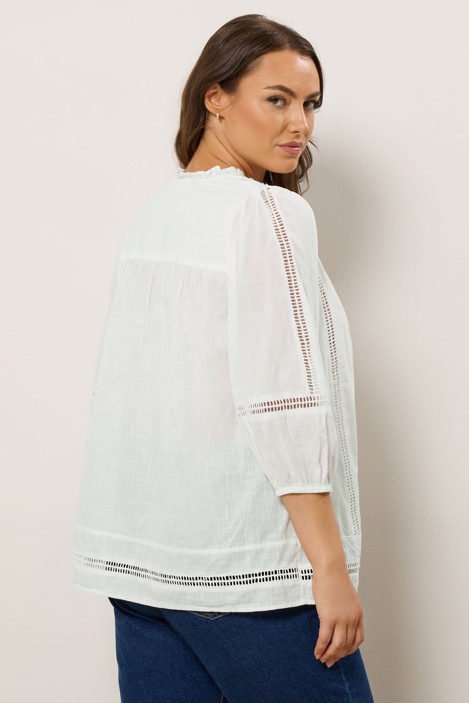 Evans Curve White Crochet Trim Tie Neck Blouse