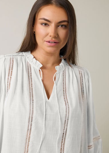 EVANS Curve White Crochet Trim Tie Neck Blouse