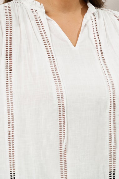 Evans Curve White Crochet Trim Tie Neck Blouse