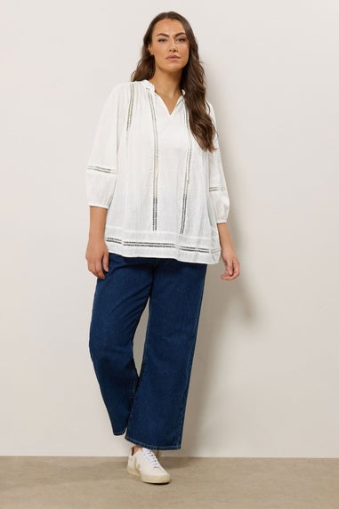 Evans Curve White Crochet Trim Tie Neck Blouse