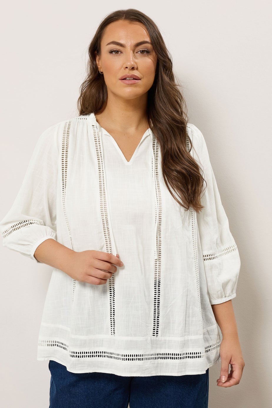 Evans Curve White Crochet Trim Tie Neck Blouse