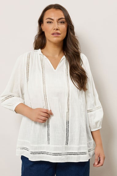 Evans Curve White Crochet Trim Tie Neck Blouse