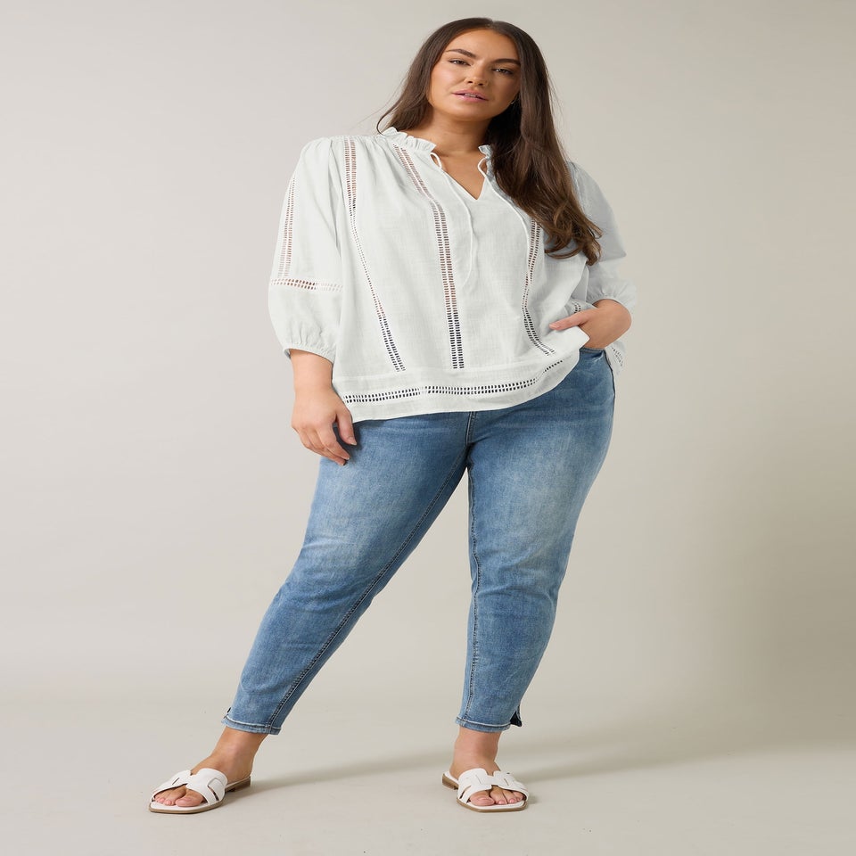 EVANS Curve White Crochet Trim Tie Neck Blouse