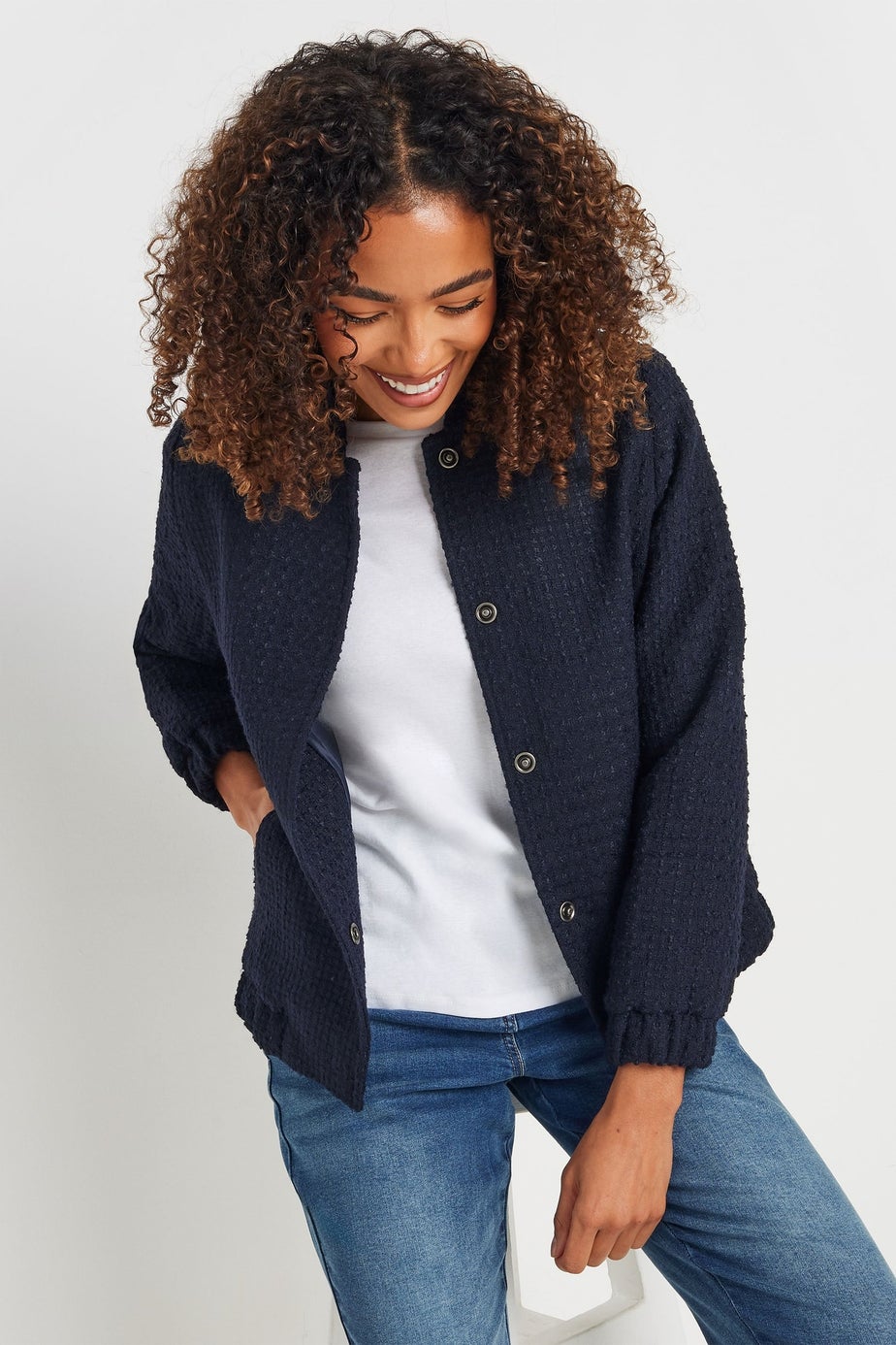 M&Co Navy Blue Boucle Bomber Jacket