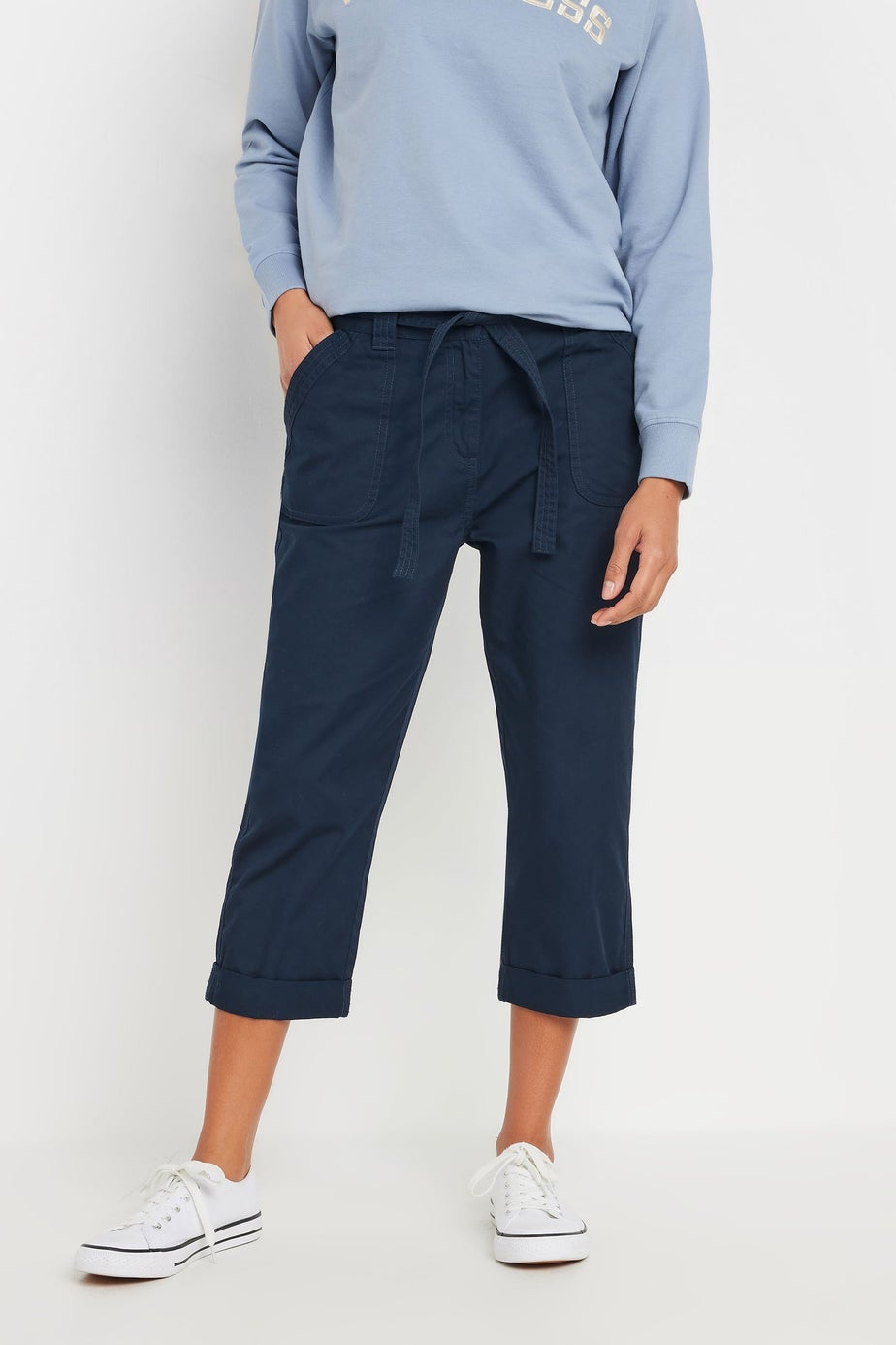 M&Co Navy Blue Cool Cotton Poplin Cropped Trousers