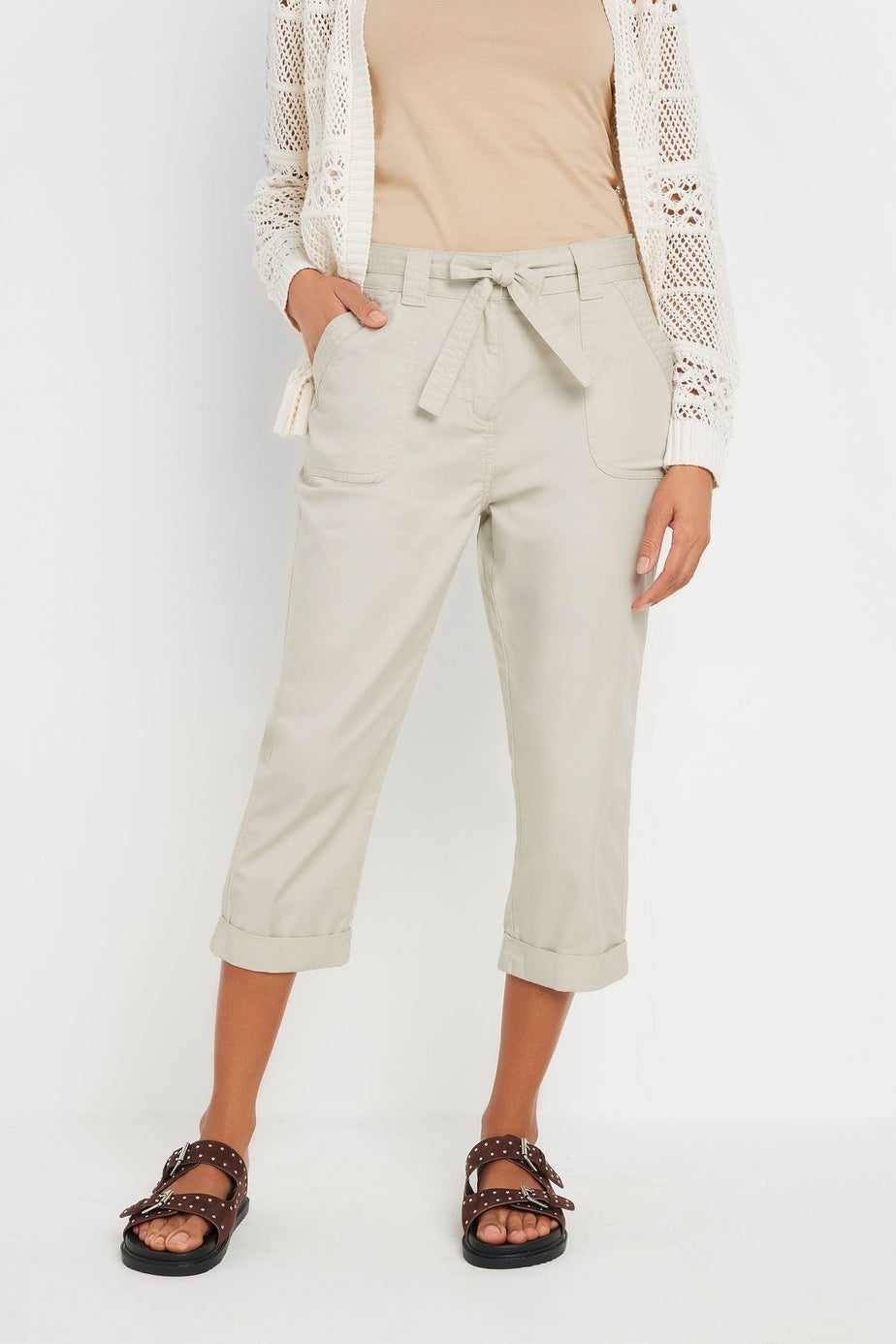 M&Co Natural Brown Cool Cotton Poplin Cropped Trousers