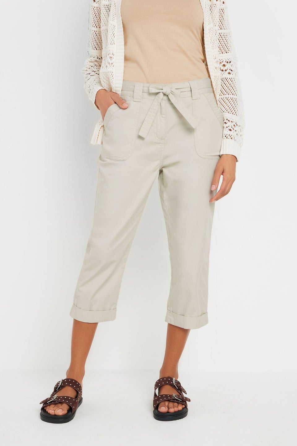 M&Co Natural Brown Cool Cotton Poplin Cropped Trousers