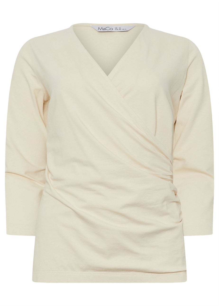 M&Co Cream 3/4 Sleeve Wrap Top