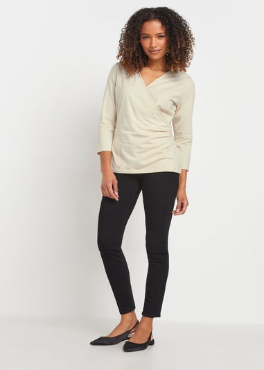 M&Co Cream 3/4 Sleeve Wrap Top