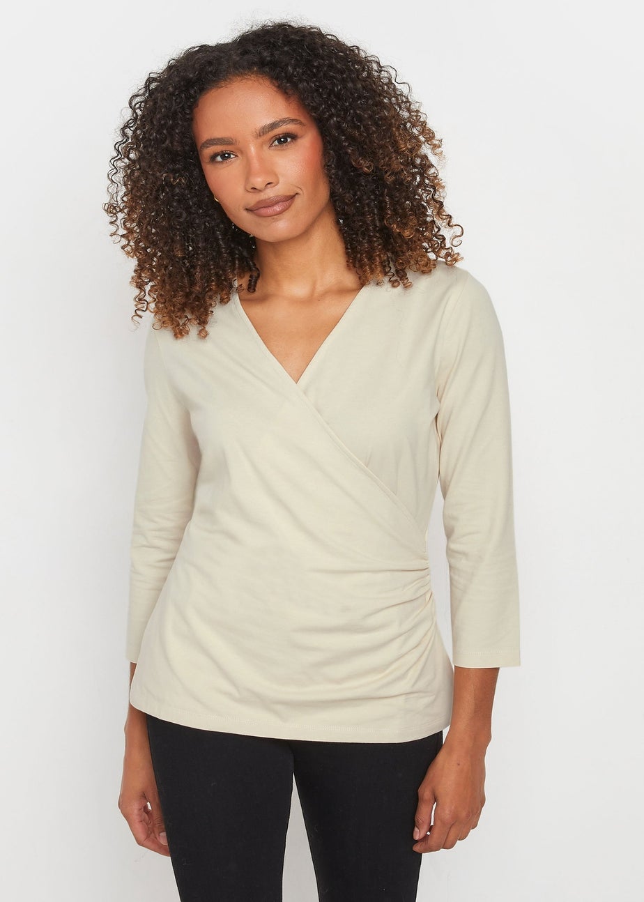 M&Co Cream 3/4 Sleeve Wrap Top