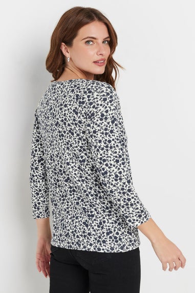 M&Co Navy Blue & White Cotton Ditsy Floral Top