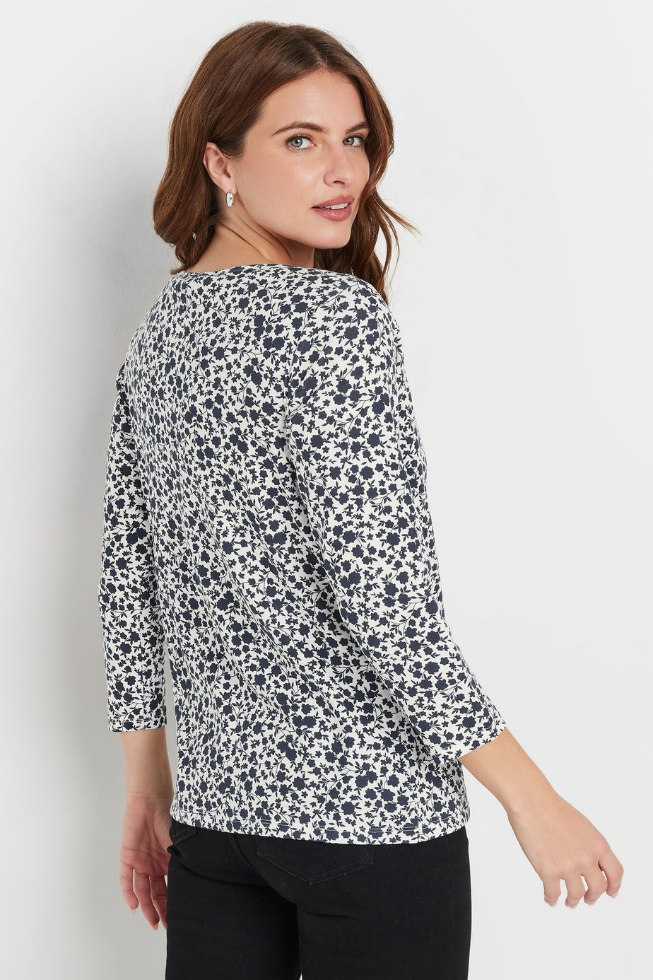 M&Co Navy Blue & White Cotton Ditsy Floral Top