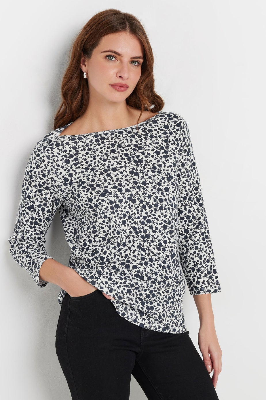 M&Co Navy Blue & White Cotton Ditsy Floral Top