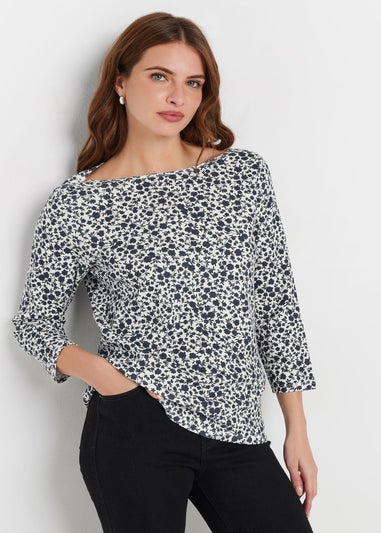 M&Co Navy Blue & White Cotton Ditsy Floral Top