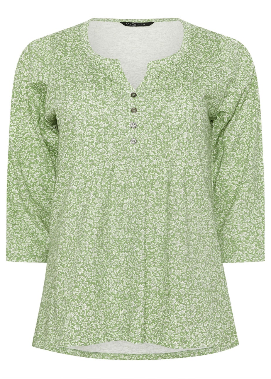M&Co Green Floral Print 3/4 Sleeve Cotton Henley Top