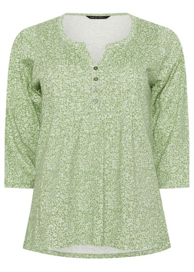 M&Co Green Floral Print 3/4 Sleeve Cotton Henley Top