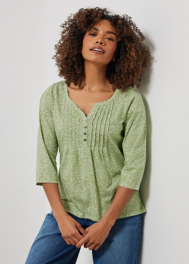 M&Co Green Floral Print 3/4 Sleeve Cotton Henley Top