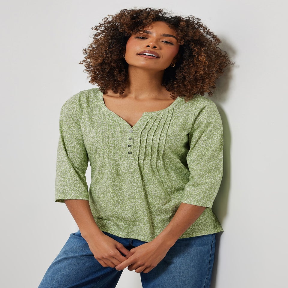 M&Co Green Floral Print 3/4 Sleeve Cotton Henley Top