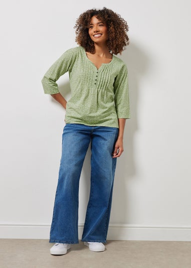 M&Co Green Floral Print 3/4 Sleeve Cotton Henley Top