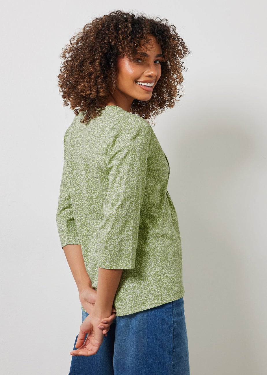 M&Co Green Floral Print 3/4 Sleeve Cotton Henley Top