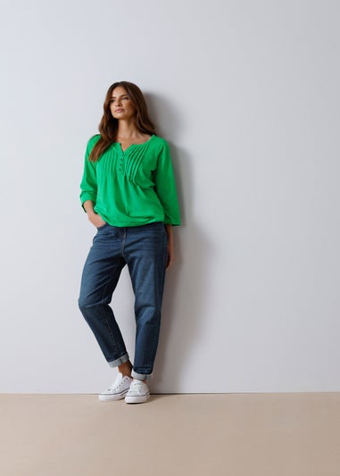 M&Co Green Cotton 3/4 Sleeve Henley Top