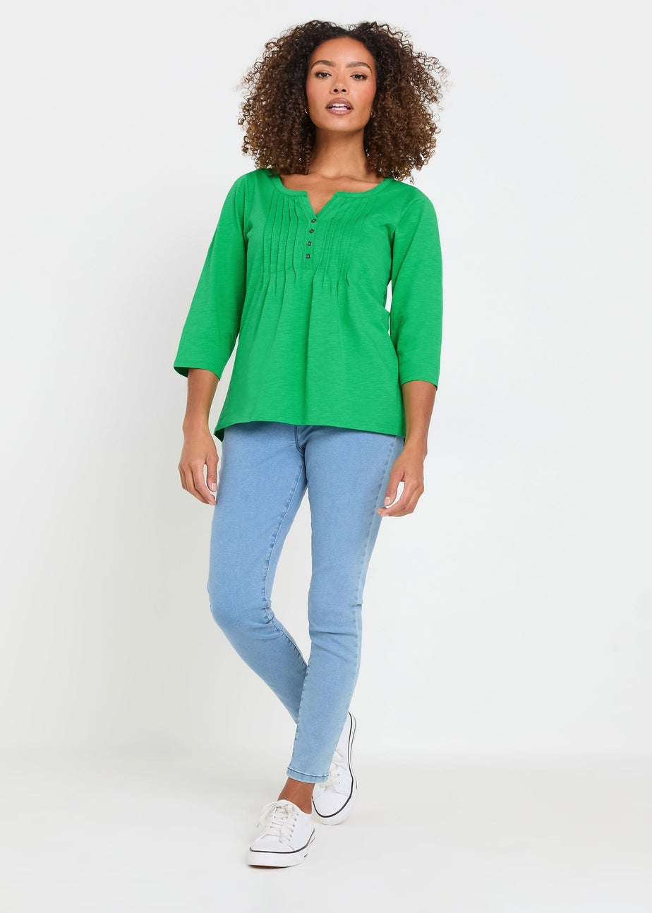 M&Co Green Cotton 3/4 Sleeve Henley Top