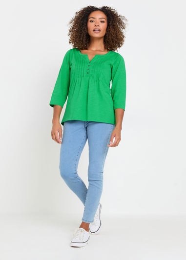 M&Co Green Cotton 3/4 Sleeve Henley Top