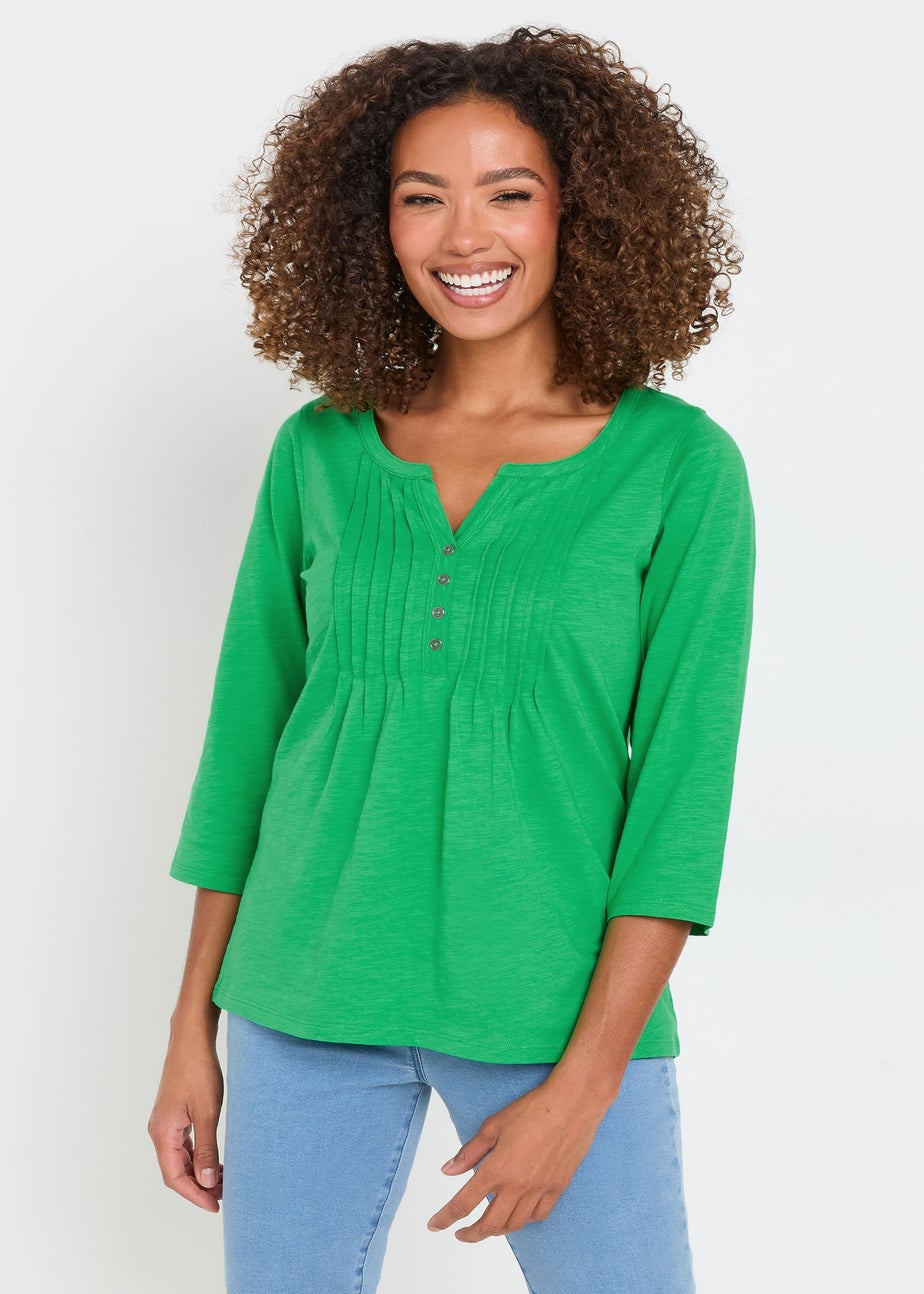 M&Co Green Cotton 3/4 Sleeve Henley Top